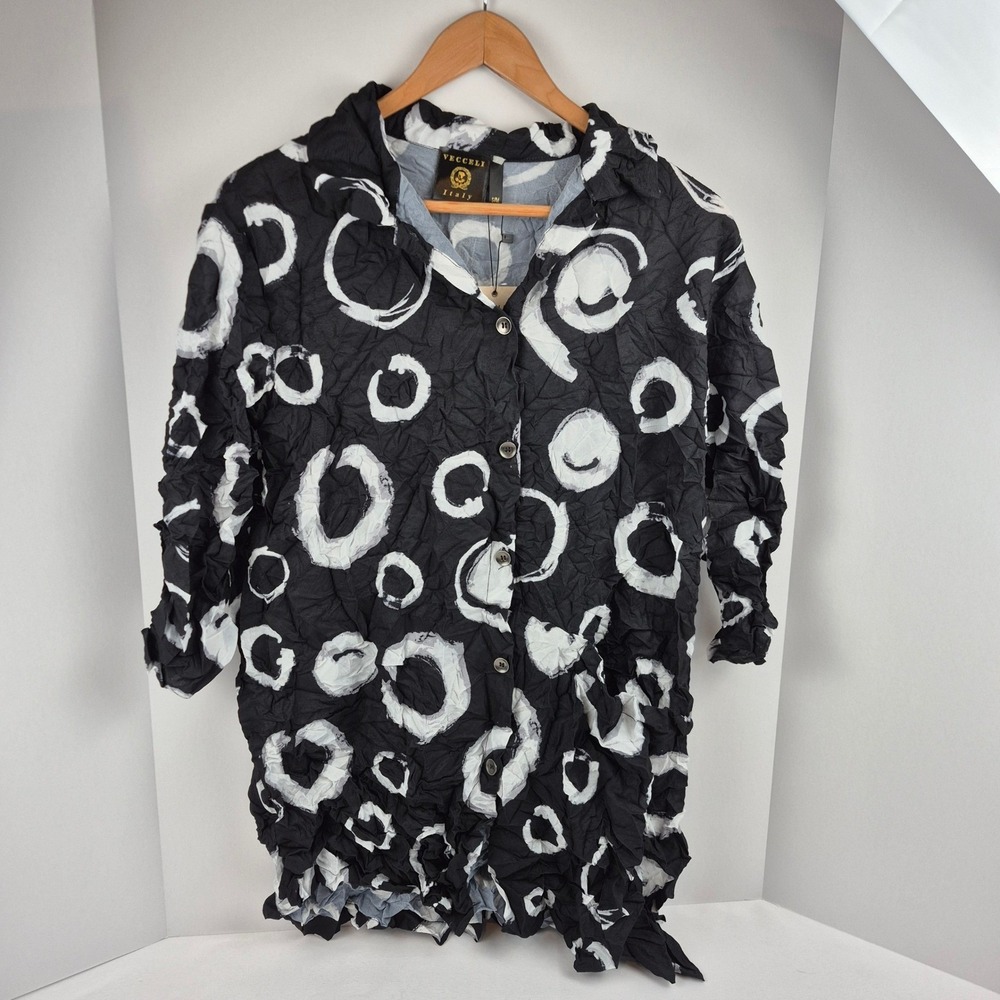 Vecceli Italy Crinkle Texture Black‎ White Abstract Circles Shirt Top S M NWT